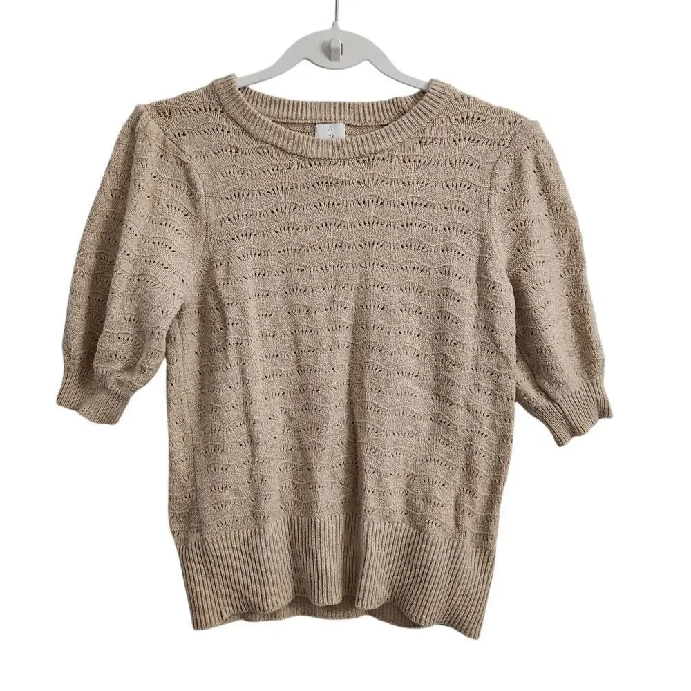 JOIE Sweater Womens Small Tan Pointelle Knit‎ Short Puff Sleeve Pullover Stretch